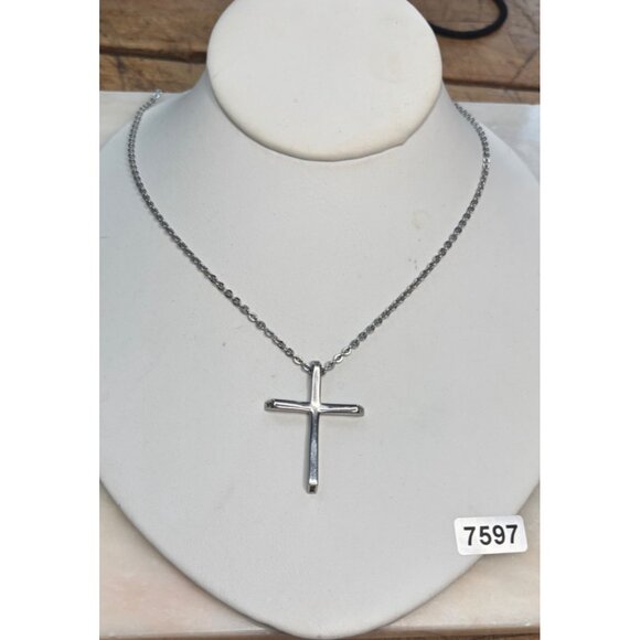 Stamped Chisel Sterling Silver Cross Pendant Necklace - Picture 3 of 12
